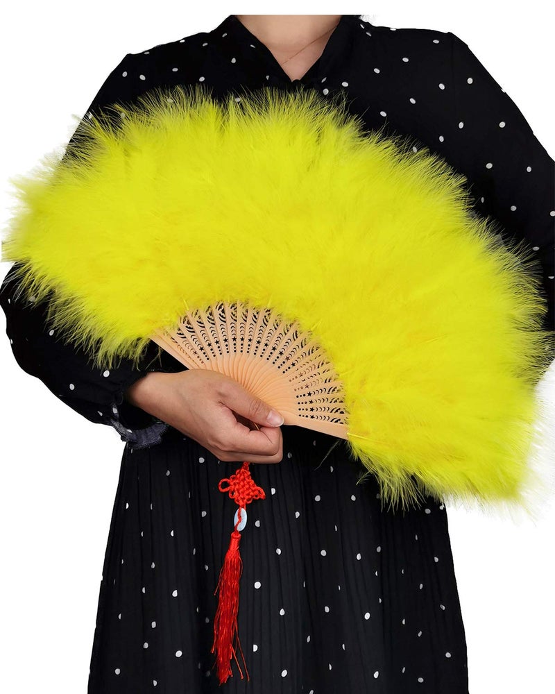 HAPPY FEATHER مروحة يدوية من ريش المارابو السعيد، طراز فلابر من عشرينيات القرن الماضي لمناسبات الأزياء والرقص - أصفر - Image 1